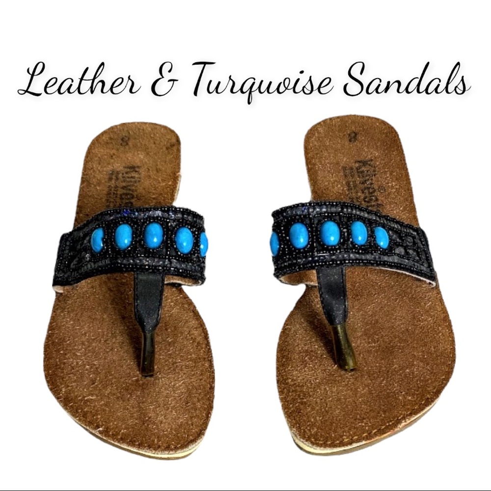 Women’s Leather Flip Flop Sandals With Turquoise Accents
